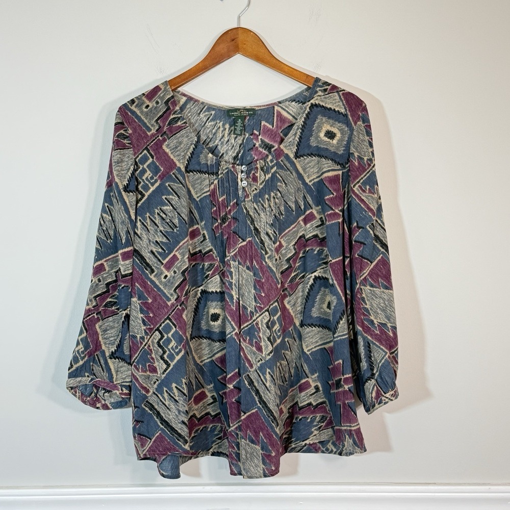 LRL Ralph Lauren Pintuck Blouse Womans XL Aztec Southwestern Print Boho Festival